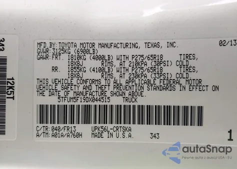 2013 Toyota Tundra Grade 4.6L V8 из США, поврежденный, VIN 5TFUM5F19DX044515